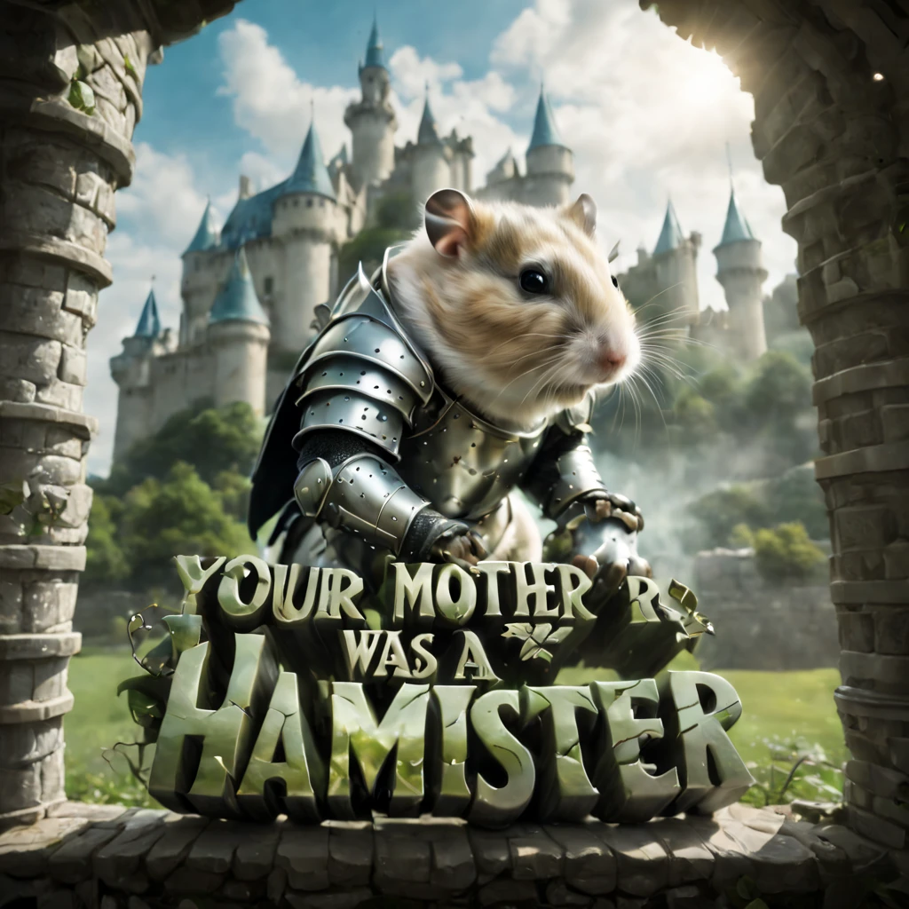 ethereal fantasy concept art of ("Your mother was a hamster" text logo:1.3), neon, white, medieval castle background, (medieval castle background:1.5) , green, silver, ([:double exposure art:10]:1.5),cute hamster, dressed in knights armour, helmet. medieval, ancient, crusades, magnificent, painterly, epic, majestic, fantasy art, cover art,