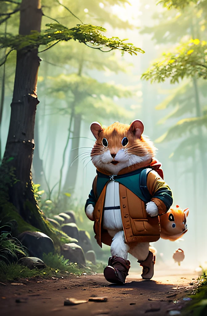 A hamster,Explorer dressed up,walking in the wild,in style of hayao miyazaki,tmasterpiece