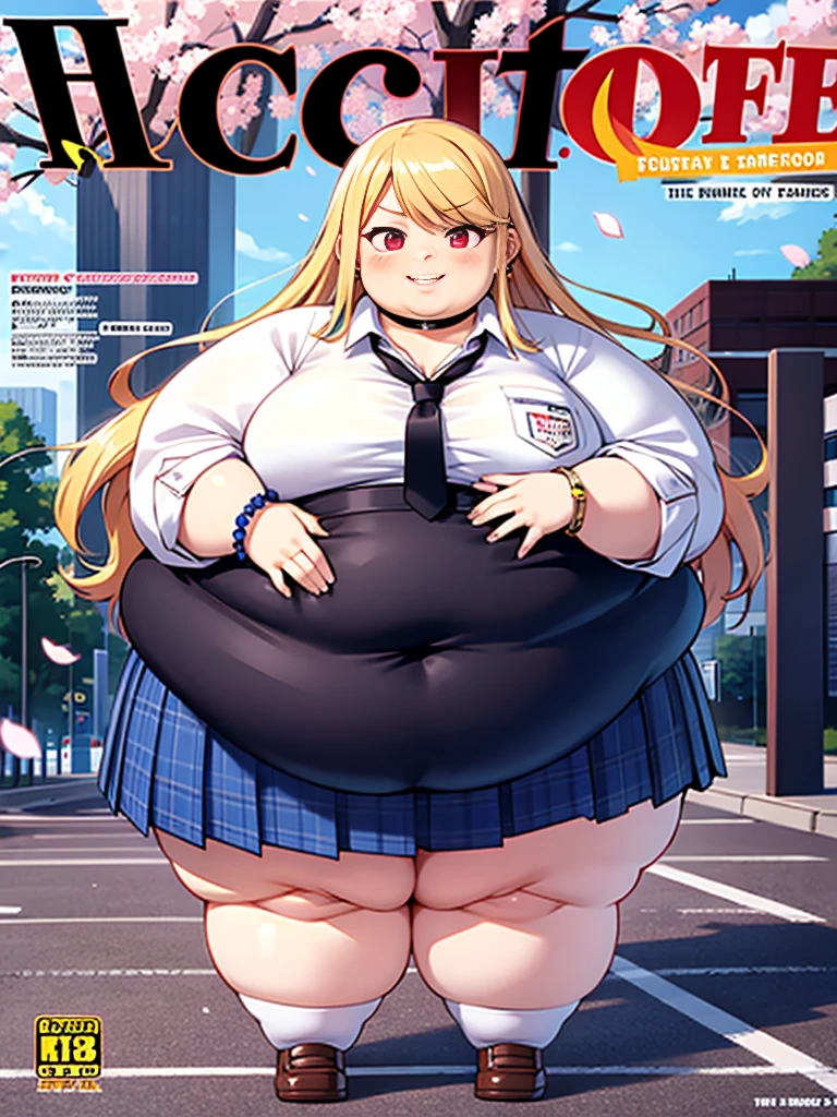 masterpiece, 4K, best quality, full body, obese 1girl, bangs, fat body,black choker, black necktie, blonde hair, blue skirt, blush, bracelet, breasts, choker, clothes around waist, collarbone, collared shirt, cowboy shot, dress shirt, ear piercing, eyebrows visible through hair, gradient hair, grin, gyaru, jewelry, kogal, long hair, looking at viewer, loose necktie, necktie, piercing, plaid, plaid skirt, pleated skirt, red eyes, ring, school uniform, shirt, skirt, smile, solo, white shirt, street, sky, cherry blossoms, petals,illustration, (magazine:1.3), (cover-style:1.3), fashionable, woman, vibrant, outfit, posing, front, colorful, dynamic, background, elements, confident, expression, holding, statement, accessory, majestic, coiled, around, touch, scene, text, cover, bold, attention-grabbing, title, stylish, font, catchy, headline, larger, striking, modern, trendy, focus, fashion,, obese belly, obese arms, thick thighs, obese neck, big cheeks