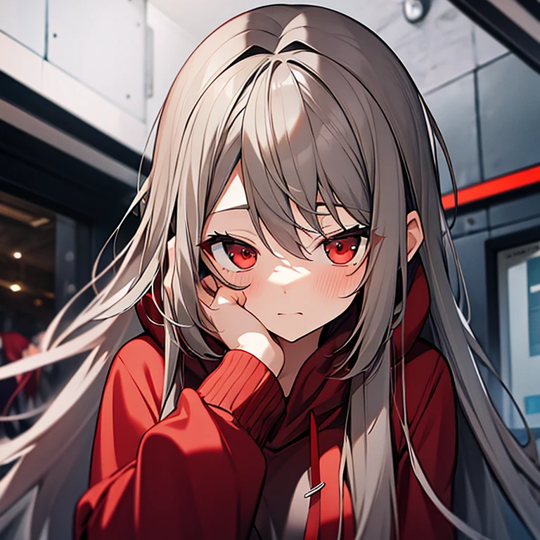 Long gray-brown hair，red hoodie，girl，Plaid skirts，Frontal photo，Bust photo，daze expression。