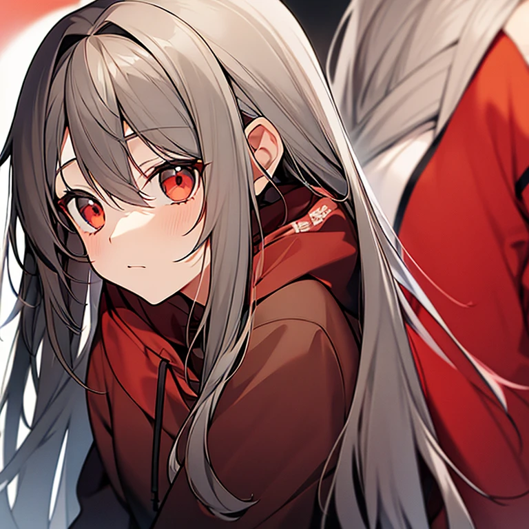 Long gray-brown hair，red hoodie，girl，Plaid skirts，Frontal photo，Bust photo，daze expression。