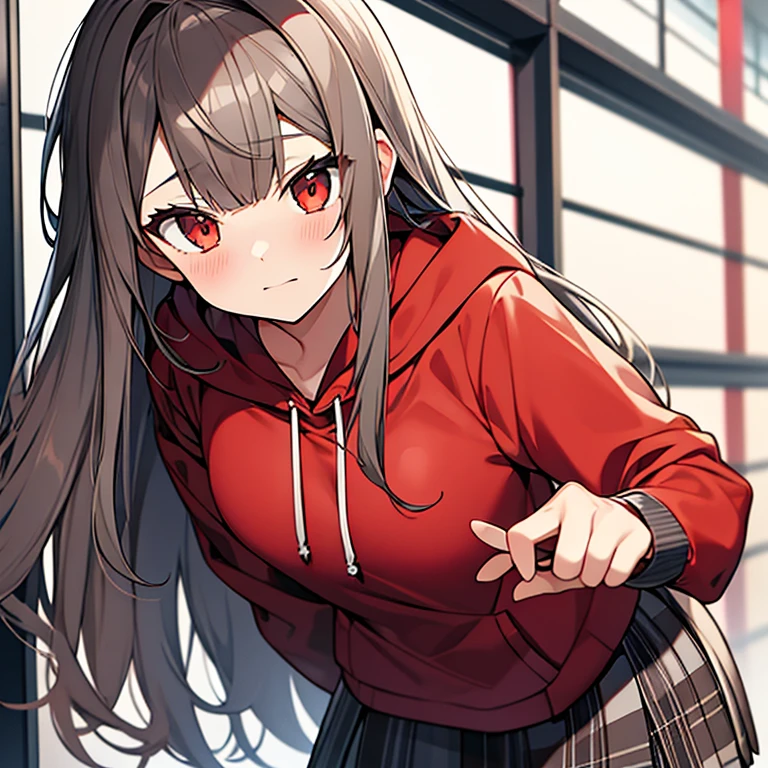 Long gray-brown hair，red hoodie，girl，Plaid skirts，Frontal photo，Bust photo，daze expression。