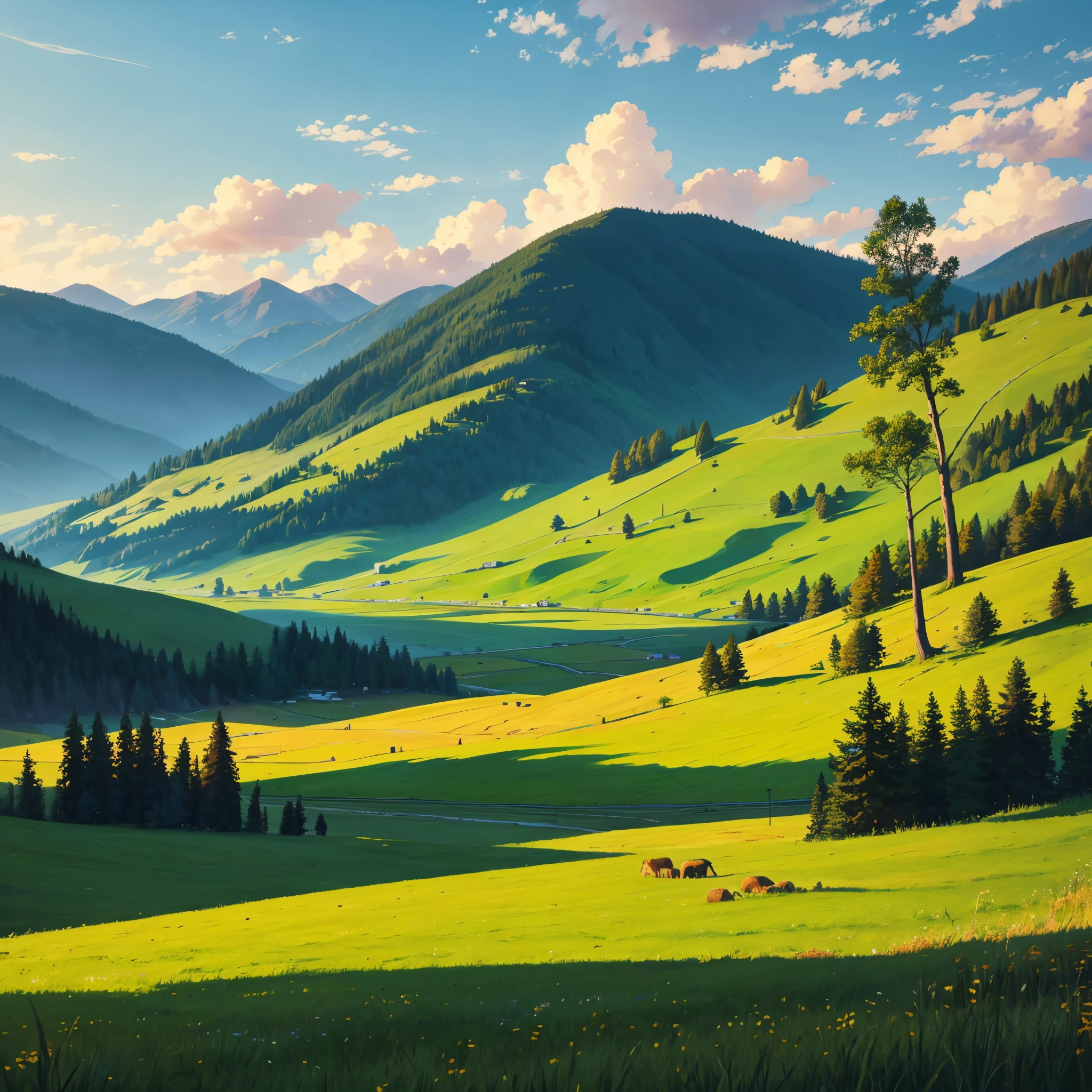 nature scene in painterly style: trees, hills, grassland, no people, no roads, no buildings