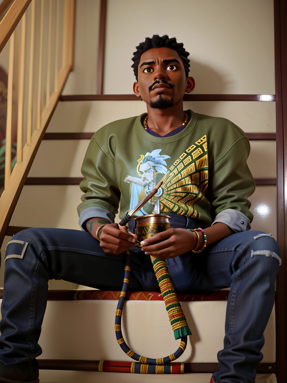 Boondocks skinny character, dreamlikeart full shot body photo of the most beautiful artwork in the world featuring a tribal ((fantasy african)),(sitting:1.2),(from_side:1.3), majestic oil painting by Ed Blinkey, Atey Ghailan, Studio Ghibli, by Jeremy Mann, Greg Manchess, Antonio Moro, trending on ArtStation, trending on CGSociety, Intricate, High Detail, Sharp focus, dramatic, photorealistic painting art by midjourney and greg rutkowski... add a small mustache