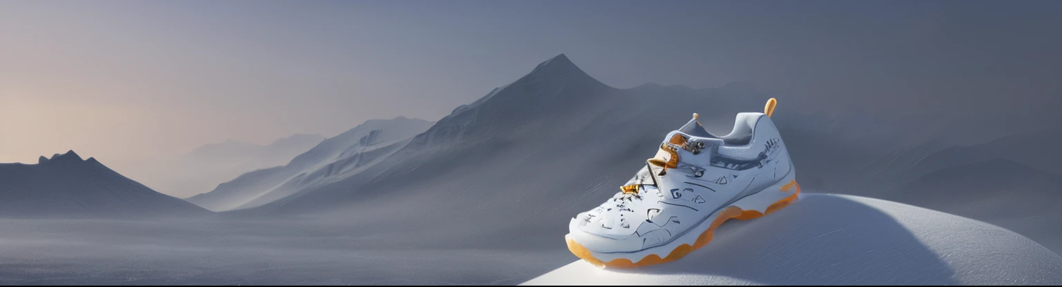 A brown travel shoe,Put it on the snowy mountain,tmasterpiece,Detail of snowflakes,Best quality at best,(Very detailed CG unity 8k wallpaper)(Best quality at best)(The best illustrations),(The best shadow)3d,(Snowy mountains background)