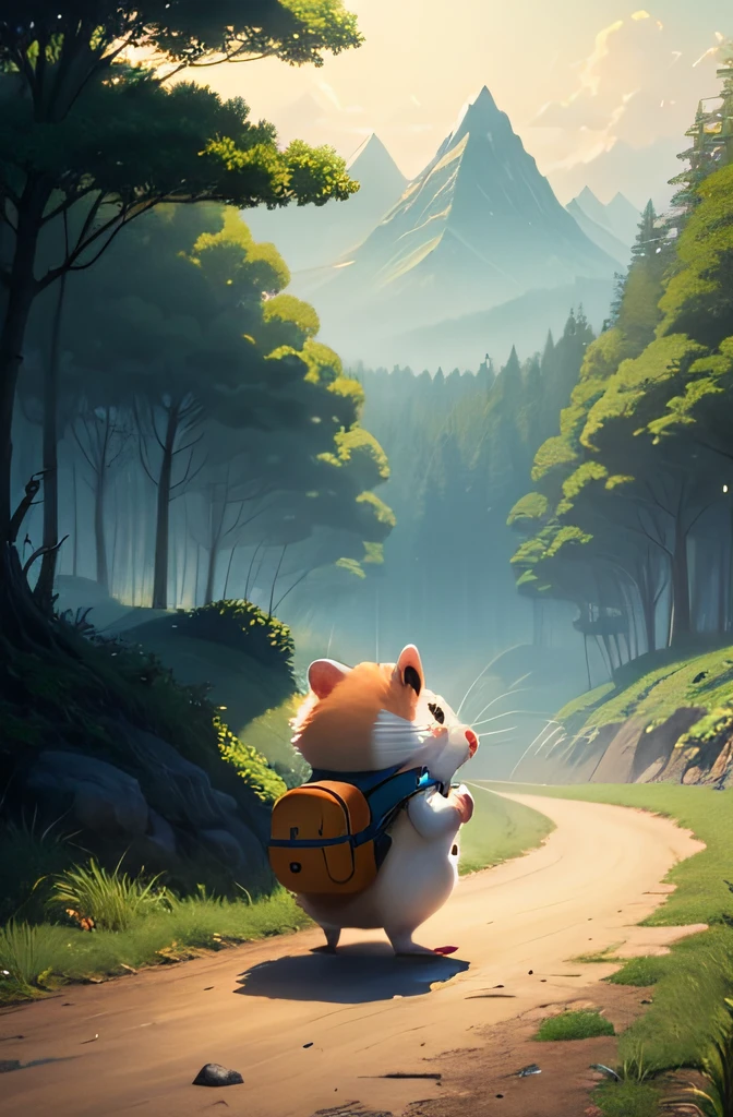 A hamster，Explorer dressed up，walking in the wild，in style of hayao miyazaki，tmasterpiece，Lighting