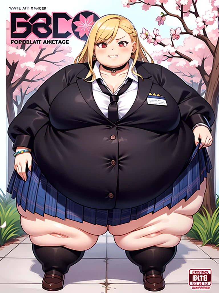 masterpiece, best quality, full body, obese 1girl, bangs, fat body,black choker, black necktie, blonde hair, blue skirt, blush, bracelet, breasts, choker, clothes around waist, collarbone, collared shirt, cowboy shot, dress shirt, ear piercing, eyebrows visible through hair, gradient hair, grin, gyaru, jewelry, kogal, long hair, looking at viewer, loose necktie, necktie, piercing, plaid, plaid skirt, pleated skirt, red eyes, ring, school uniform, shirt, skirt, smile, solo, white shirt, street, sky, cherry blossoms, petals,illustration, (magazine:1.3), (cover-style:1.3), fashionable, woman, vibrant, outfit, posing, front, colorful, dynamic, background, elements, confident, expression, holding, statement, accessory, majestic, coiled, around, touch, scene, text, cover, bold, attention-grabbing, title, stylish, font, catchy, headline, larger, striking, modern, trendy, focus, fashion,, obese belly, obese arms, thick thighs, obese neck, big cheeks