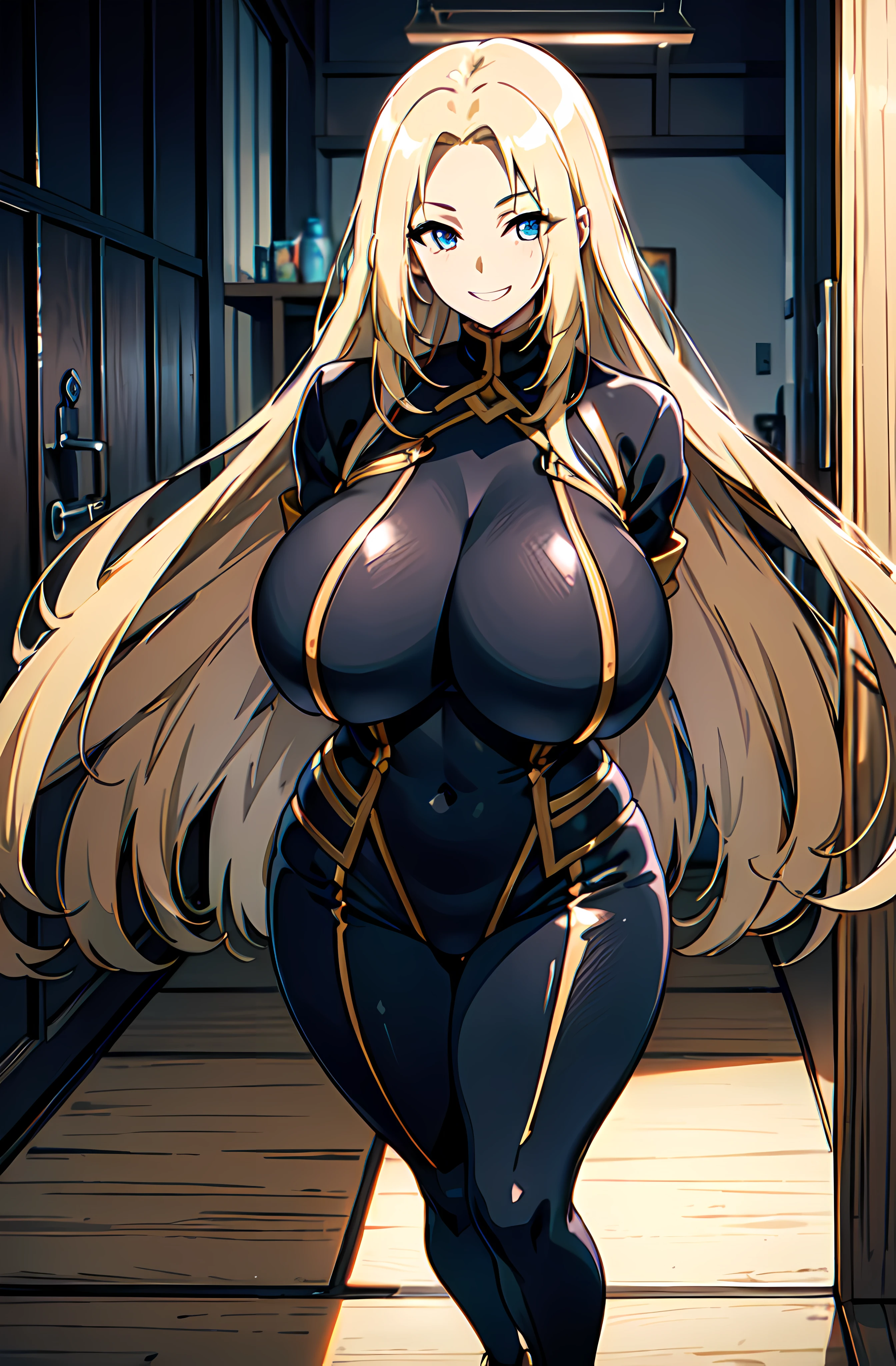 Long blonde hair, Japanese, (gigantic chest:1.2), tight clothing, (black leggings:1.2), big thighs, sadistic grin, half body, big eyes, (ninja:1.1)