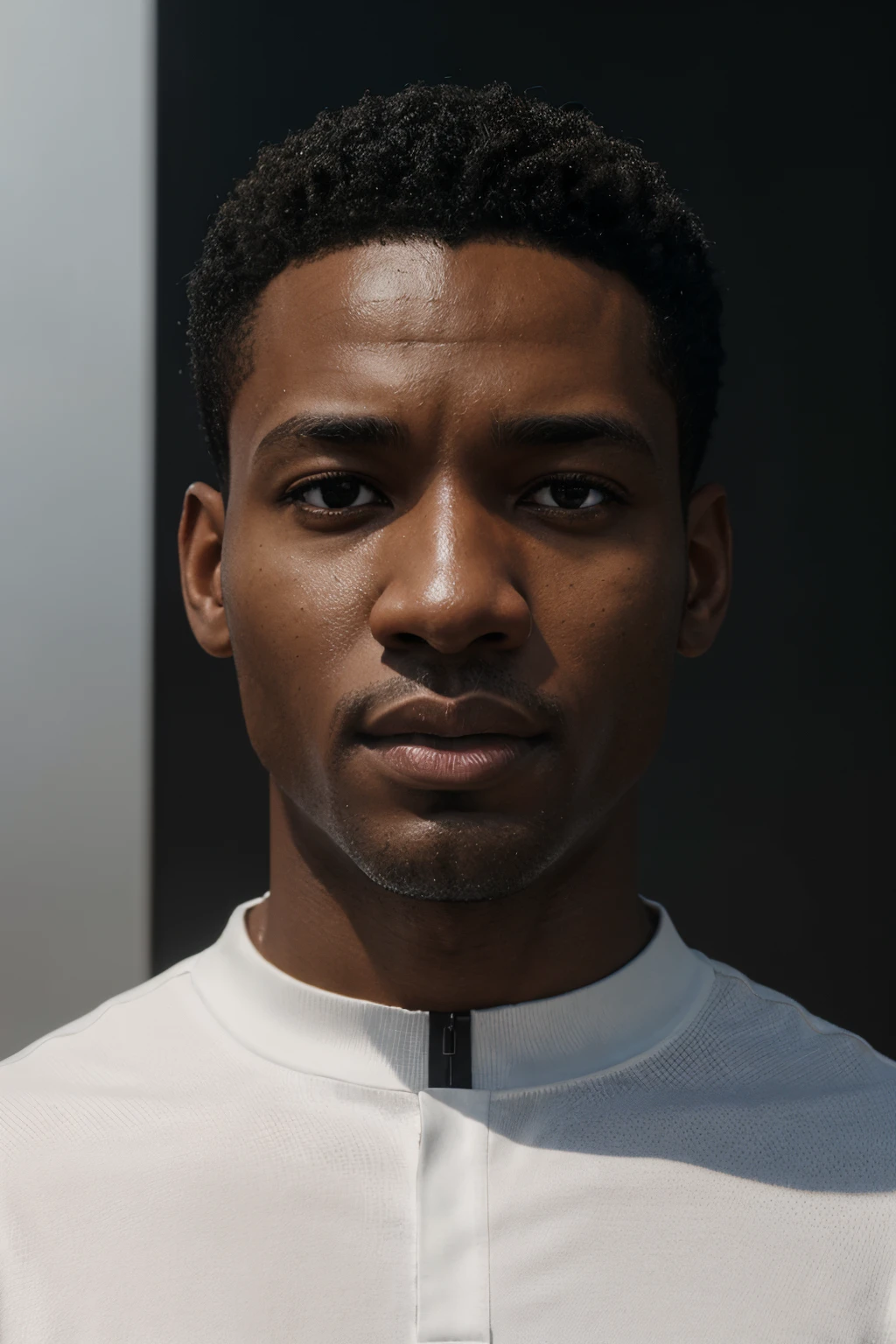 arafed man with a black haircut and a white shirt, a digital rendering by Maxwell Bates, dribble contest winner, digital art, david uzochukwu, barry qindsor-smith, computer generated, computer - generated, oc rendered, riyahd cassiem, maxwell render, headshot profile picture, gilbert williams, realistically rendered face