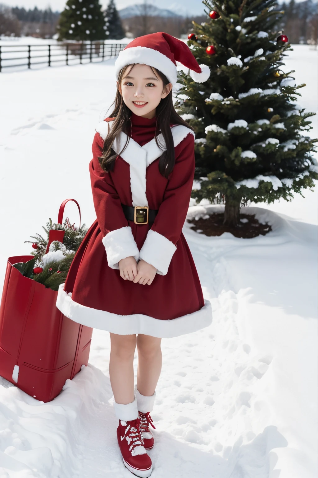 Cute girl Santa Claus、Red shoes, snow landscape, christmas tree, snowflower