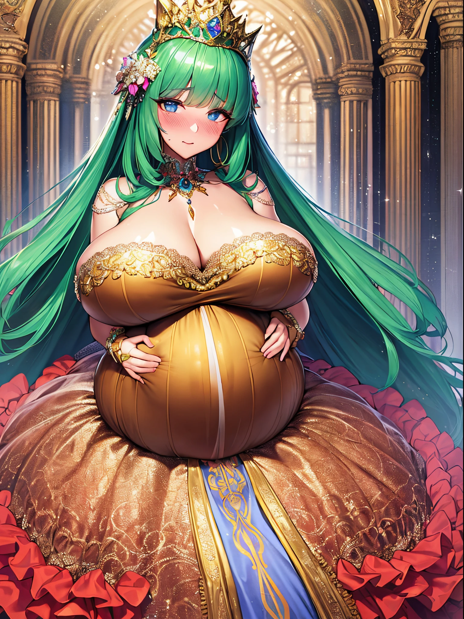 ultra-detailed, extremely detailed,((anime artstyle)),Masterpiece,(Best Quality),(Super Detail),(Very Delicate and Beautiful),((Solo)),(((full body))),full body,((detailed face and eyes)),perfect eyes, rendered eyes,jewel-like beautiful eyes,cry,((embarrassed,blush)),((1 pregnant princess in beautiful embroidery and jeweled gorgeous rococo ballgown with frilled voluminous full length hoop skirt)),(((heavily pregnant))),((Crinoline)),beautiful embroidery and jeweled gorgeous rococo ballgown with frilled voluminous full length hoop skirt,(large amount of straight hair,extremely voluminous Very Long straight Hair,Absolutely Long Straight Hair),sparkly skin,(((very gigantic boobs,skindentation))),Bursting breasts,cleavage,((fantasy castle,outdoors,outside the castle)),long_gloves,extremely gorgeousfull jeweled hair ornament,(bling-bling extremely gorgeousfull jeweled tiara),(luxurious jewelry),full body,beautiful embroidery and jeweled gorgeous rococo ballgown with frilled voluminous full length hoop skirt