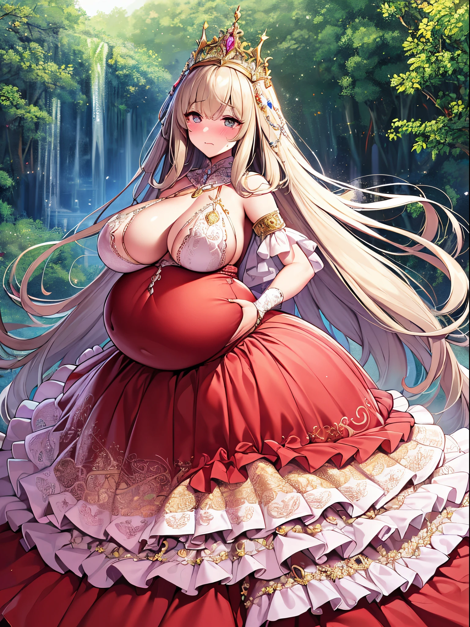ultra-detailed, extremely detailed,((anime artstyle)),Masterpiece,(Best Quality),(Super Detail),(Very Delicate and Beautiful),((Solo)),(((full body))),full body,((detailed face and eyes)),perfect eyes, rendered eyes,jewel-like beautiful eyes,cry,((embarrassed,blush)),((1 pregnant princess in beautiful embroidery and jeweled gorgeous rococo ballgown with frilled voluminous full length hoop skirt)),(((heavily pregnant))),((Crinoline)),beautiful embroidery and jeweled gorgeous rococo ballgown with frilled voluminous full length hoop skirt,(large amount of straight hair,extremely voluminous Very Long straight Hair,Absolutely Long Straight Hair),sparkly skin,(((very gigantic boobs,skindentation))),Bursting breasts,cleavage,((fantasy castle,outdoors,outside the castle)),long_gloves,extremely gorgeousfull jeweled hair ornament,(bling-bling extremely gorgeousfull jeweled tiara),(luxurious jewelry),full body,beautiful embroidery and jeweled gorgeous rococo ballgown with frilled voluminous full length hoop skirt