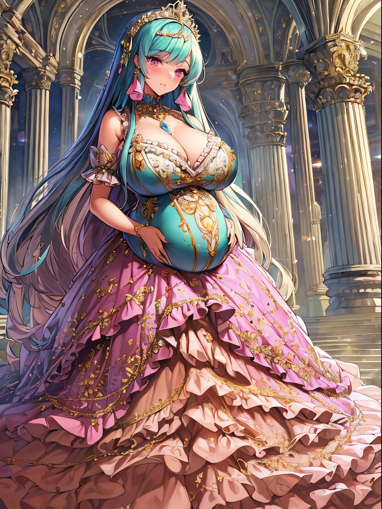 ultra-detailed, extremely detailed,((anime artstyle)),Masterpiece,(Best Quality),(Super Detail),(Very Delicate and Beautiful),((Solo)),(((full body))),full body,((detailed face and eyes)),perfect eyes, rendered eyes,jewel-like beautiful eyes,cry,((embarrassed,blush)),((1 pregnant princess in beautiful embroidery and jeweled gorgeous rococo ballgown with frilled voluminous full length hoop skirt)),(((heavily pregnant))),((Crinoline)),beautiful embroidery and jeweled gorgeous rococo ballgown with frilled voluminous full length hoop skirt,(large amount of straight hair,extremely voluminous Very Long straight Hair,Absolutely Long Straight Hair),sparkly skin,(((very gigantic boobs,skindentation))),Bursting breasts,cleavage,((fantasy castle,outdoors,outside the castle)),long_gloves,extremely gorgeousfull jeweled hair ornament,(bling-bling extremely gorgeousfull jeweled tiara),(luxurious jewelry),full body,beautiful embroidery and jeweled gorgeous rococo ballgown with frilled voluminous full length hoop skirt