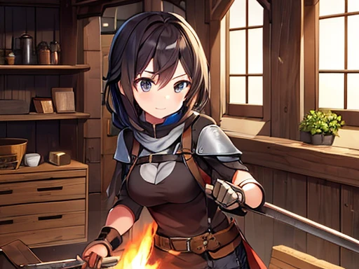 1girl, blacksmith, forge, hammer in the hand,