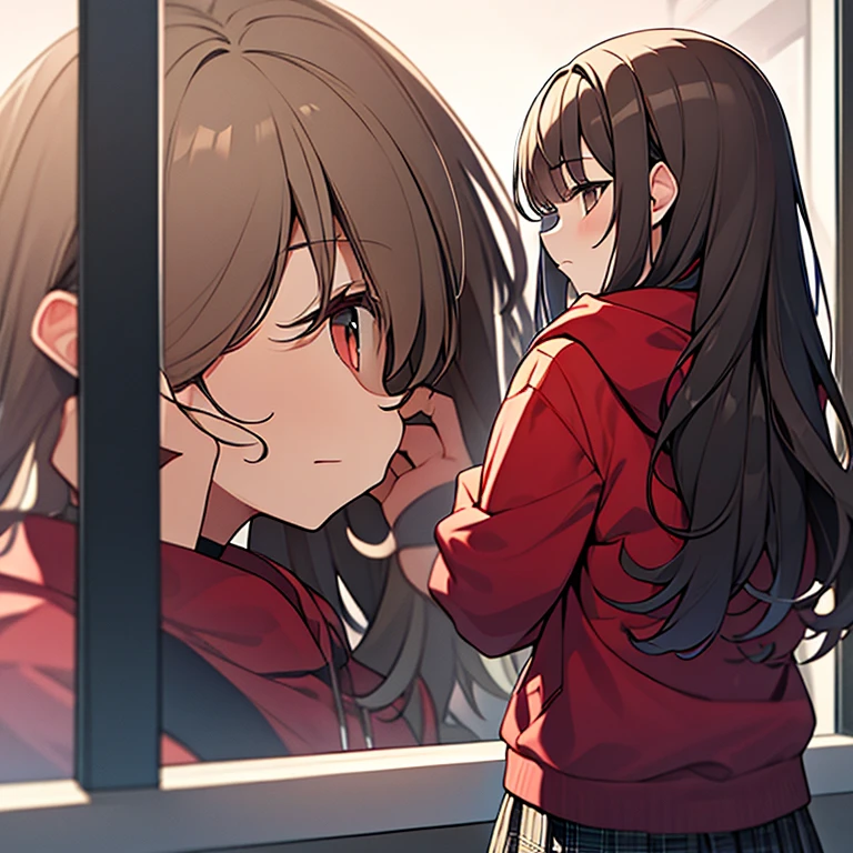 girl，Long gray-brown hair，red hoodie，Plaid skirts，A daze expression，A view from behind that shows the profile of the face，Bust photo