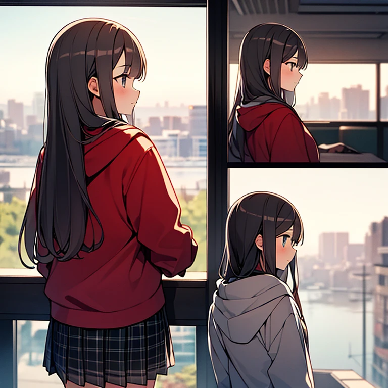 girl,Long gray-brown hair,red hoodie,Plaid skirts,A daze expression,A view from behind that shows the profile of the face,Bust photo