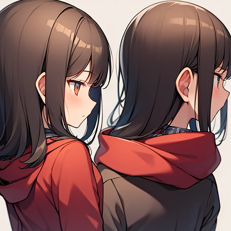 girl,Long gray-brown hair,red hoodie,Plaid skirts,A daze expression,A view from behind that shows the profile of the face,Bust photo