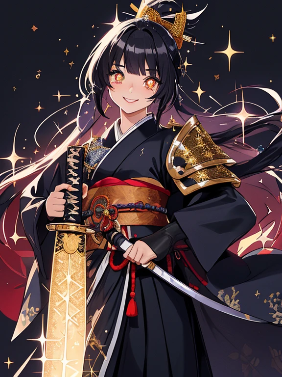 //Character
1girl, samurai, slim and soft, medium large breast, ultra detailed face, super cute,innocent, round face, thin eyeblow, (sparkly pupils:1.6), smiling full of compassion, kissing face, half opened mouth, extra Long hair tied in a topknot long hair, black hair with red as inner collors, shaggy bangs,
BREAK
//Fashion
Japanese style samurai clothes
Clothes inspired by Japanese clothing that are partially made of armor,hakama-inspired pants,
large cloak, extra long katana sword, facial armor,
His clothes are summed up with the image of twilight,