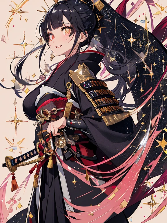 //Character
1girl, samurai, slim and soft, medium large breast, ultra detailed face, super cute,innocent, round face, thin eyeblow, (sparkly pupils:1.6), smiling full of compassion, kissing face, half opened mouth, extra Long hair tied in a topknot long hair, black hair with red as inner collors, shaggy bangs,
BREAK
//Fashion
Japanese style samurai clothes
Clothes inspired by Japanese clothing that are partially made of armor,hakama-inspired pants,
large cloak, extra long katana sword, facial armor,
His clothes are summed up with the image of twilight,