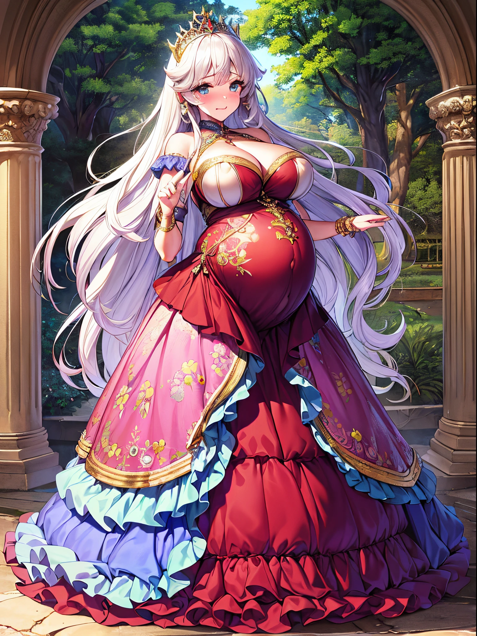 ultra-detailed, extremely detailed,((anime artstyle)),Masterpiece,(Best Quality),(Super Detail),(Very Delicate and Beautiful),((Solo)),(((full body))),full body,((detailed face and eyes)),perfect eyes, rendered eyes,jewel-like beautiful eyes,cry,((embarrassed,blush)),((1 pregnant princess in beautiful embroidery and jeweled gorgeous rococo ballgown with frilled voluminous full length hoop skirt)),(((heavily pregnant))),((Crinoline)),beautiful embroidery and jeweled gorgeous rococo ballgown with frilled voluminous full length hoop skirt,(large amount of straight hair,extremely voluminous Very Long straight Hair,Absolutely Long Straight Hair),sparkly skin,(((very gigantic boobs,skindentation))),Bursting breasts,cleavage,((fantasy castle,outdoors,outside the castle)),long_gloves,extremely gorgeousfull jeweled hair ornament,(bling-bling extremely gorgeousfull jeweled tiara),(luxurious jewelry),full body,beautiful embroidery and jeweled gorgeous rococo ballgown with frilled voluminous full length hoop skirt