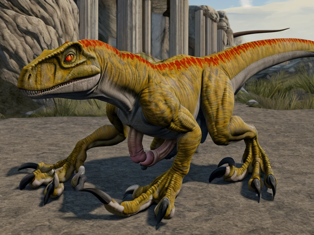 ((masterpiece,best quality)), absurdres, Velociraptor_Dino, penis, balls, feet, big feet, talons, big talons,