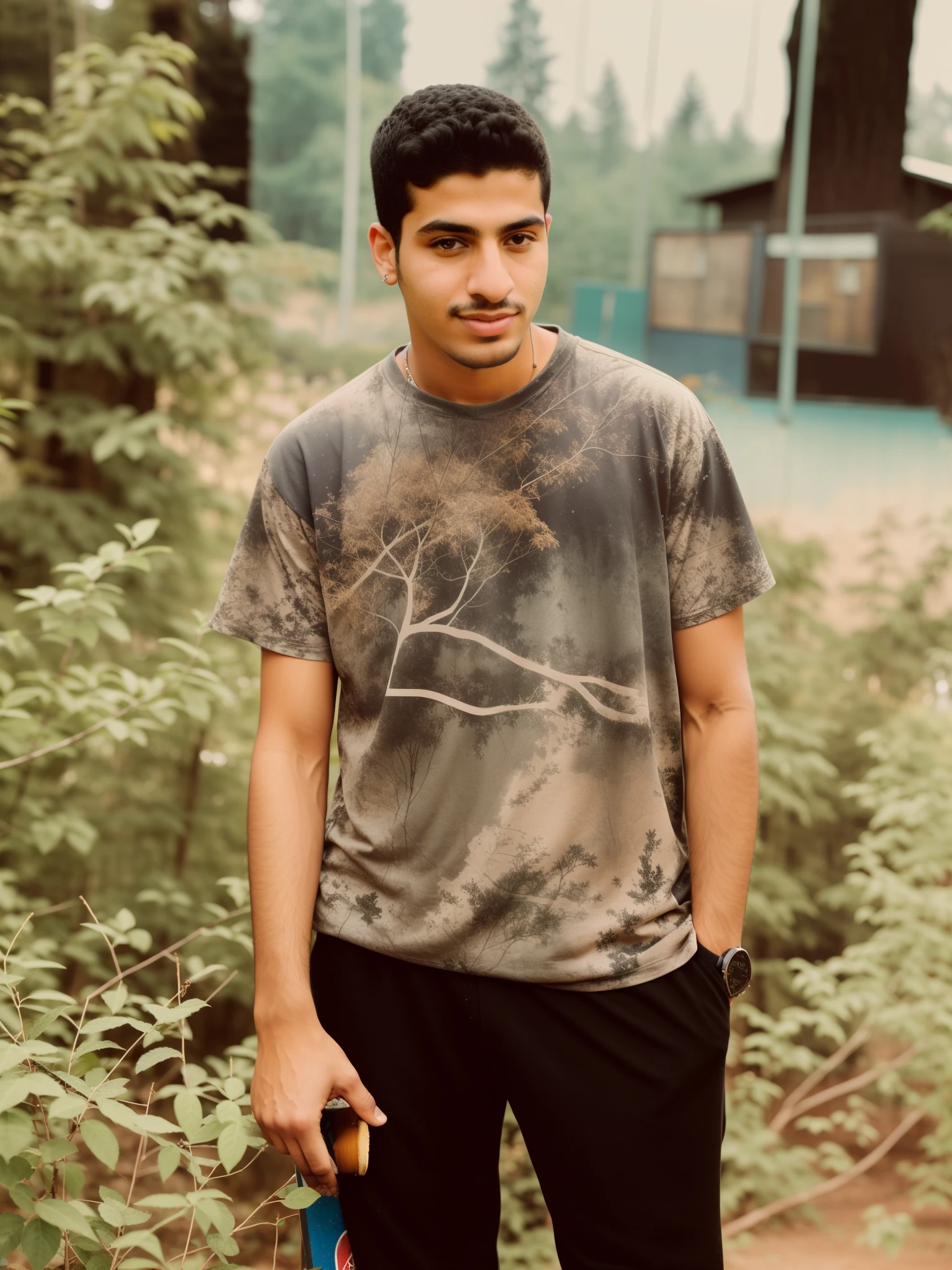 arafed man in a striped shirt standing in a forest, in front of a forest background, portait photo profile picture, jayison devadas, casual photography, facebook profile picture, photo taken with canon 5d, candid picture, jayison devadas style, with lovely look, very very low quality picture, around 1 9 years old, candid photo , haircut,denim jacket