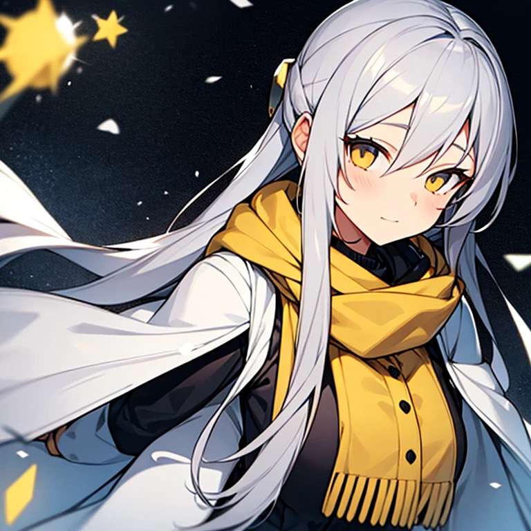 grey long hair,girl,White scarf,Yellow coat,A daze expression,Positive perspective,Bust photo