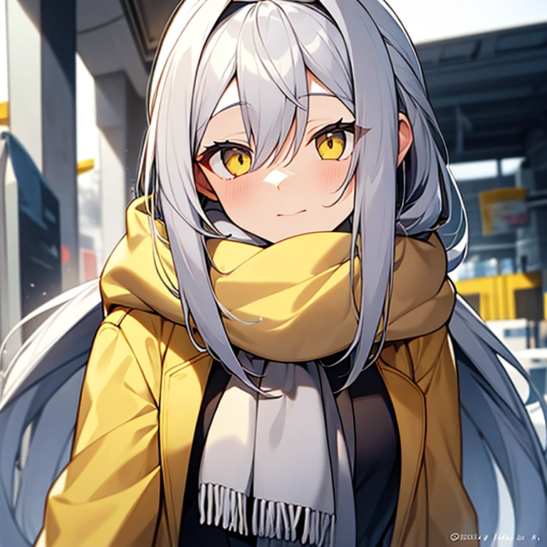 grey long hair,girl,White scarf,Yellow coat,A daze expression,Positive perspective,Bust photo