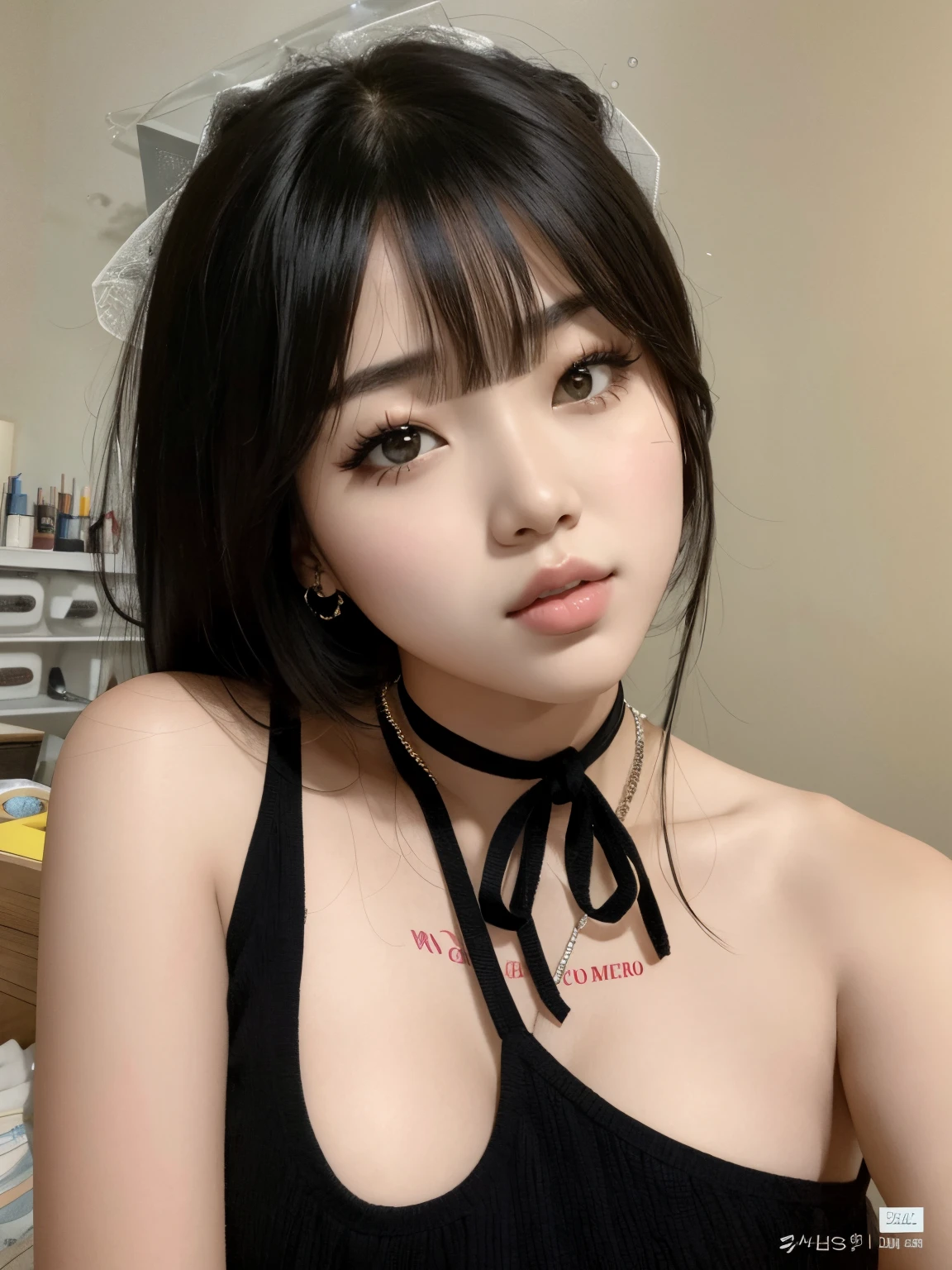un primer plano de una mujer con un top negro y una gargantilla, ulzzang, cruel korean goth girl, Chica coreana, Ella tiene el pelo negro con flequillo, Lalisa Manobal, Hermosa mujer surcoreana, Shikamimi, Jinyoung Shin, Wan adorable cara coreana, Hermosa joven coreana, Cabello negro Hime cortado, Sakimichan, con flequillo