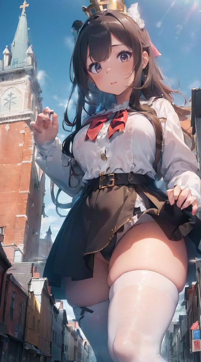 ((((((Reaching Out 1.3)))))),(((((A city in ruins at your feet))))),((((Kneeling)))),Fantastic,long legged,(((A Princess))),(((((Full body depiction))))),((((Randomly sexy poses)))),((((Beautiful soles))))、((((Five fingers on a beautiful sole)))),Big Chest Ribbon,((Teary-eyed)),((((((Colossal tits)))))),((embarrassed from)),Blushing,(((((((Big girl sitting on the roof of the church beyond the tower))))))),((((lowfers)))),the Extremely Detailed CG Unity 8K Wallpapers,top-quality,ultra-detailliert,masterpiece,realisitic,Photo Real,Bright lighting,extremely detailed cute girl,18year old,Innocent big eyes,A detailed eye,(Silvery hair),(shorth hair),(bangss),flawless skin,shinny skin,fair white skin,Fine skin,((((large full breasts)))),((((((plump thighs)))))),((perfect anatomia,nice hand,perfect hand,Five fingers connected to the palm of the hand,accurate hands without incongruity)),Show off panties、pantyshot、(((Super Huge Girl Cute Princess Dress Costume、white colors)))、(((knee high socks))),front facing,(fumo),(fires),(((Rubble Town)))、Ground cracking,