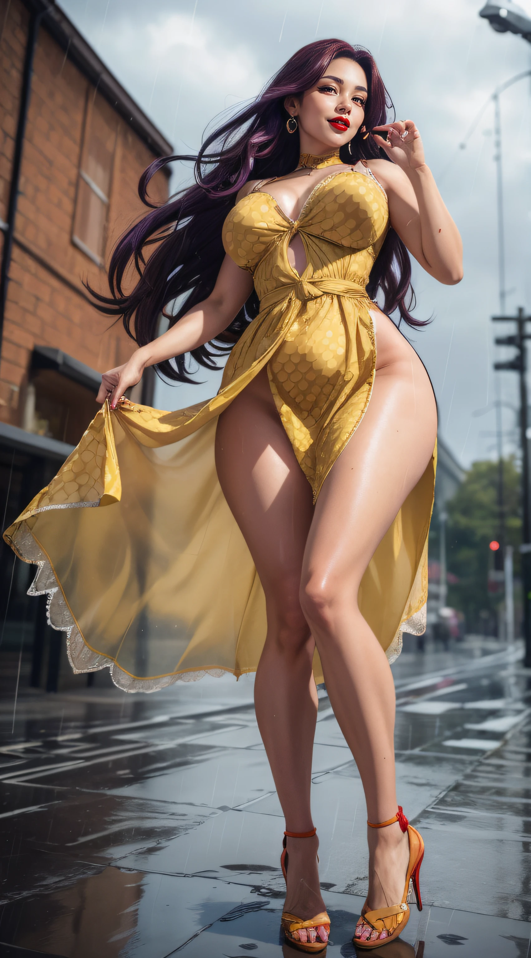 detailed woman face looking at the camera, dark-brown eyes, (((almond eyes))), hot (((thick red lips))), mouth open with sensuality, correct deformed fingers, photorealistic, (((eyes to the camera))) slightly smiling, purple hair
