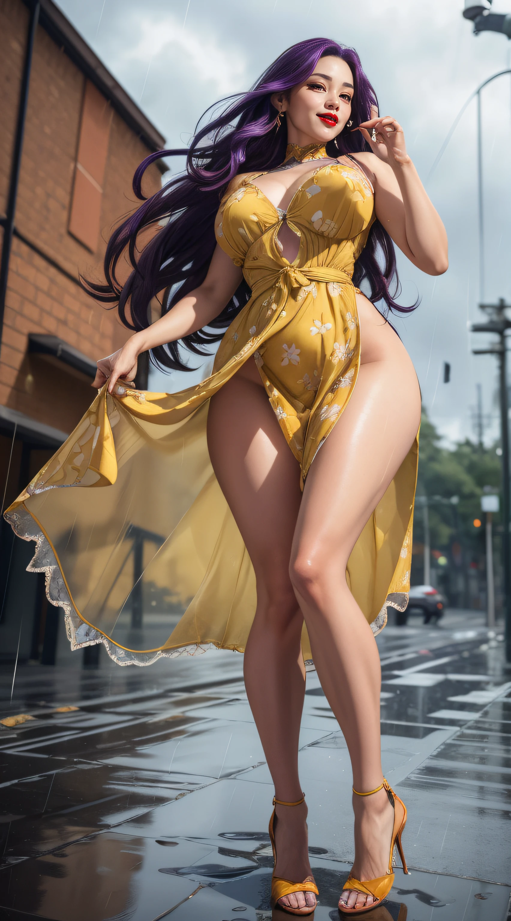 detailed woman face looking at the camera, dark-brown eyes, (((almond eyes))), hot (((thick red lips))), mouth open with sensuality, correct deformed fingers, photorealistic, (((eyes to the camera))) slightly smiling, purple hair