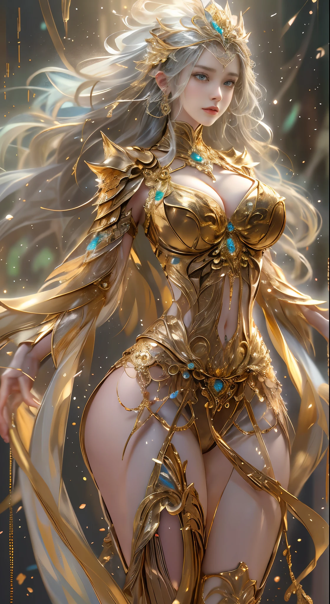 woman in a golden transparent dress,view the viewer,(((gigantic cleavage breasts, Cleavage is large))),a slender waist,(Bare navel,Bare waist), long whitr hair, Ultra-detailed details,High-end art station, Rainstorm site, detailed fantasy art, Stunning character art, Beautiful and beautiful character art, Beautiful gold and silver armor, The is very detailed, Girl in shiny armor, Exquisite headwear and jewelry,crystal jewelry filigree, milky ways, stunning visuals, (dynamic streaks, Light track:1.2), vivd colour,