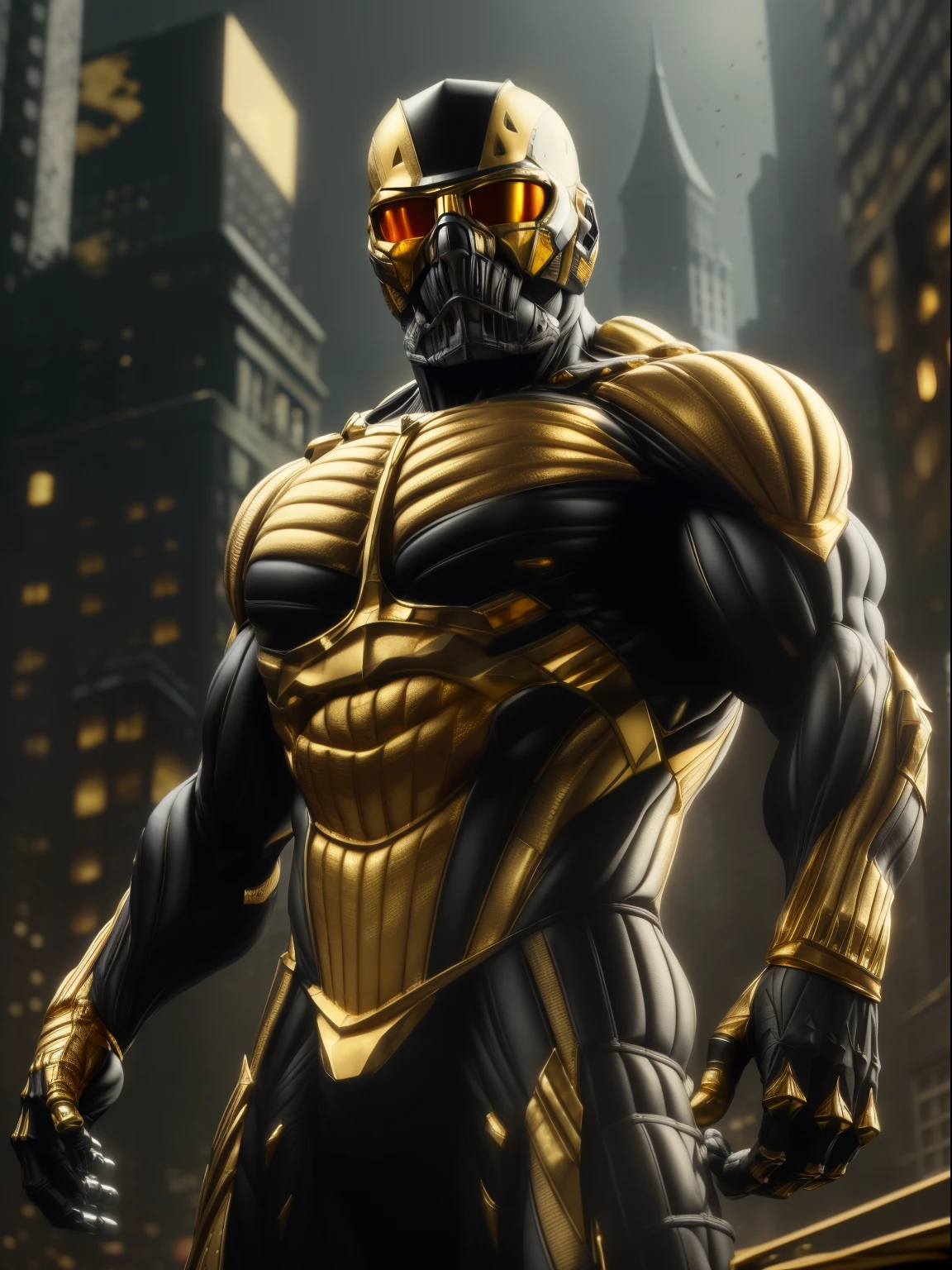 masterpiece, best quality, detailed, soft dim lighting, realistic, ruined cityscape,
(wearing crNanosuit:0.8),
Gold and Black, Gold, Goldy, Black, matte black, Gilding,