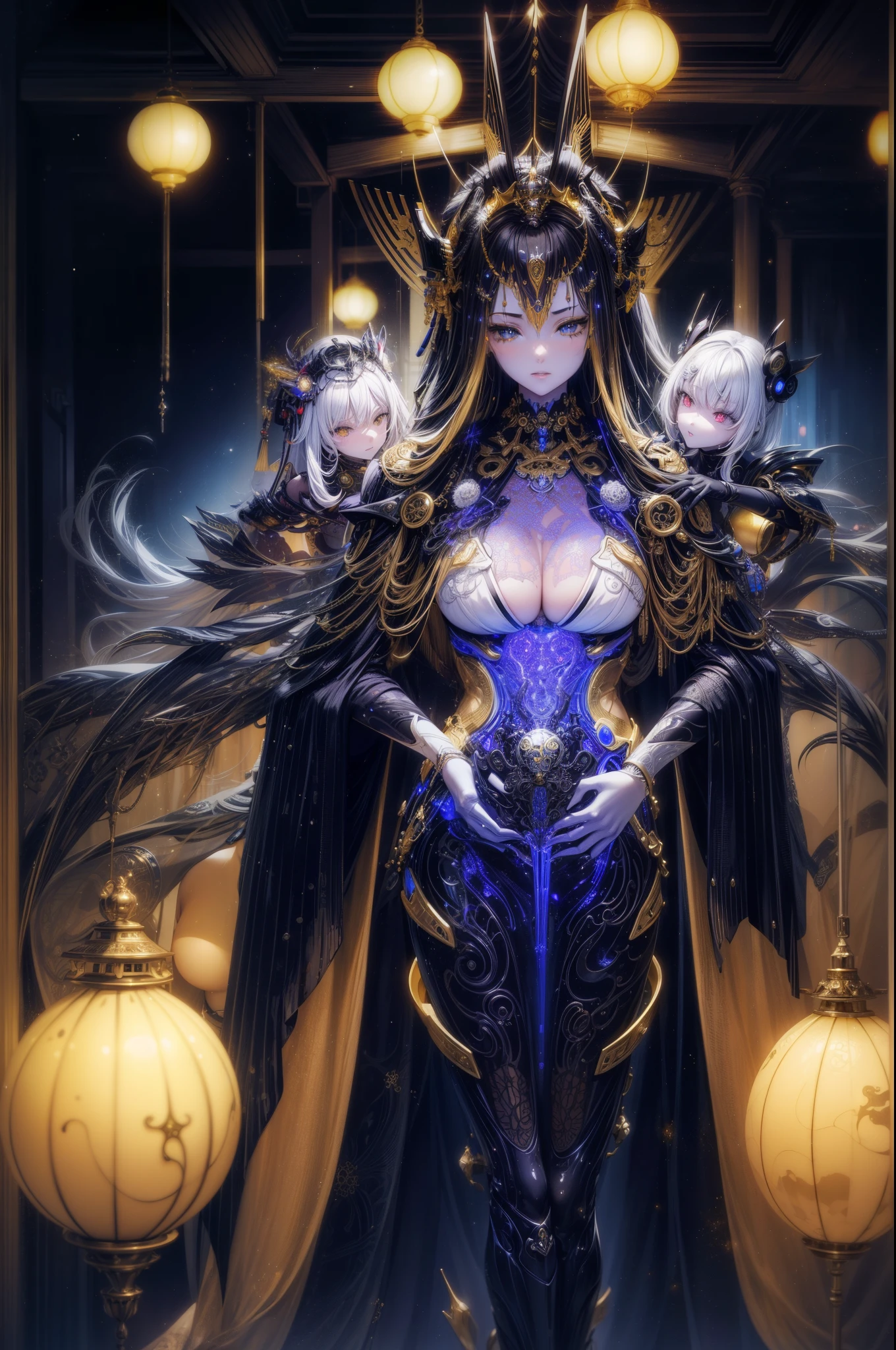 Photos of Japanese female robots in their 20s，Made of white and silver clear glass and plastic, geisha makeup, Black hairstyle, Silver and gold metallic interior, dynamicposes, flowing organic structure, Meticulous carving, Lace design, Glowing gold circuit, Colorful neon lights decoration, Meticulous carving, Lace design, glowing circuitry, neon trim, H&#39;artistically.r. Giger, Greg Rutowski