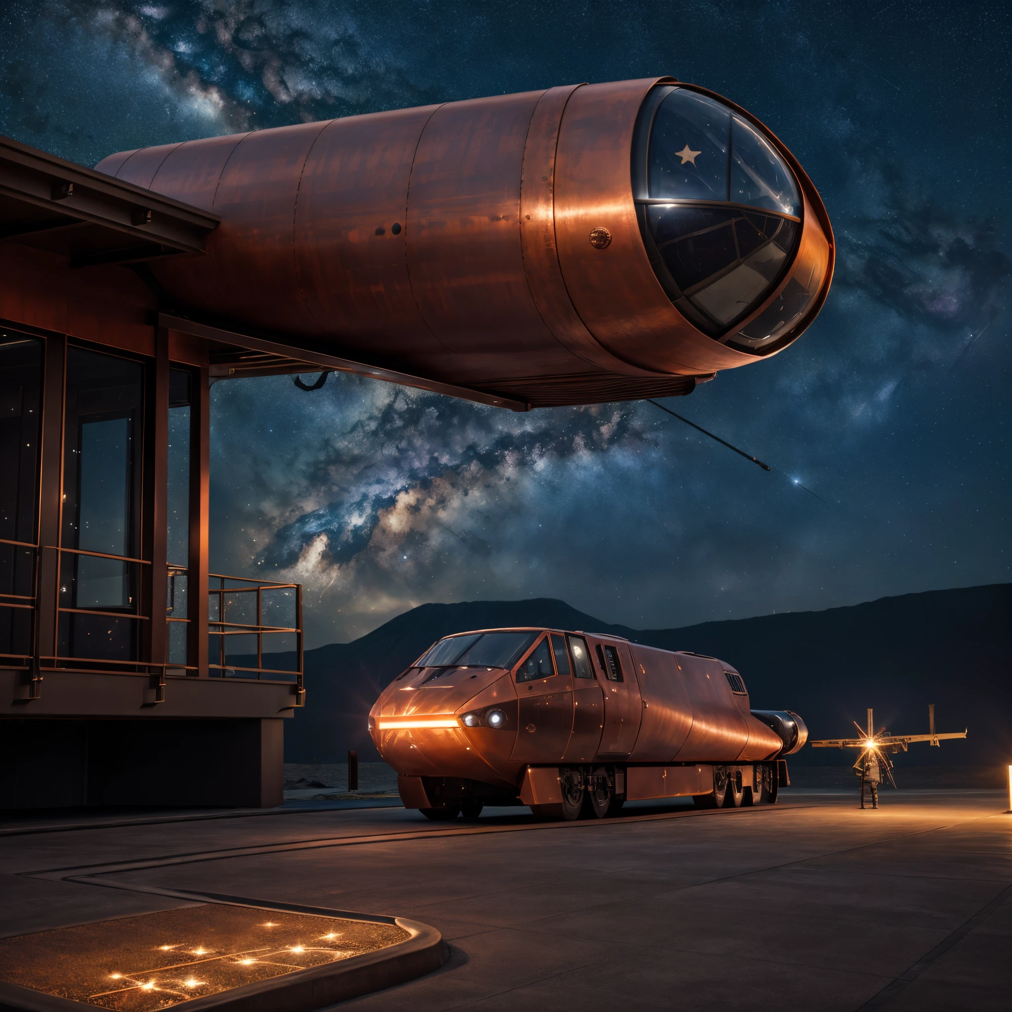 futuristic Space craft, Copper coloured, (long flat cylinder shape) windows at the front, two engines at the back and two at the front on outriggers, ((night sky with a nebula and stars background)),(masterpiece:1.2) (photorealistic:1.4) photorealistic, Extremely Realistic.