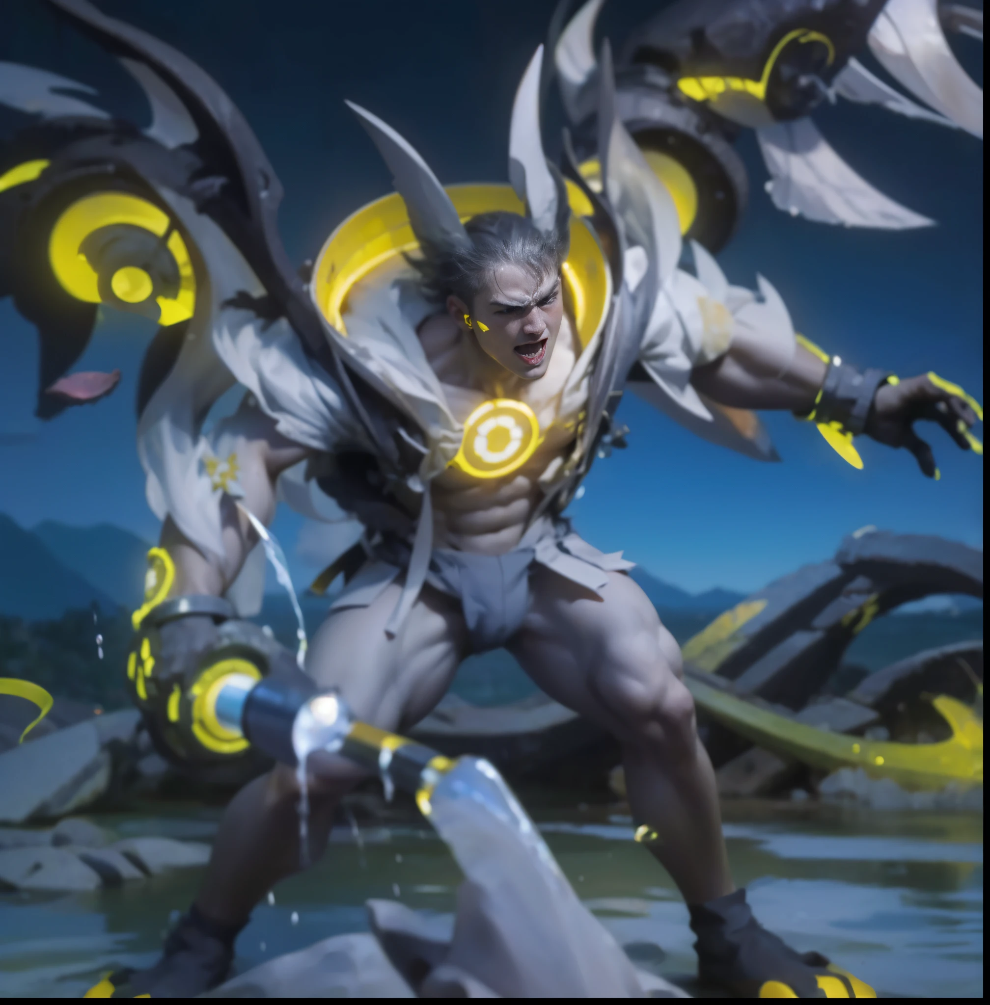 (max resolution: 1.2), (Ultra HDTV: 1.2), 8K resolution, Eye and skin details, detailed facial features, , (Sharp focus: 1, 2), ( Accurate focus) facial expressions: 1,2), 1 boy standing, 20-25 years old, (White hair), (Shirtless), Shirtless, Perfect muscles, 8 pack, (light sweat, white fluid, splashing all over the body), (Black briefs), Blue sky, Tree mortar, Transplant, ((Little drops of water on 8-pack abs)), (((water, water))), splashed all over his face, splashed all over his abs, splashed all over his body, his face turned red from embarrassment. ((There is a faint word SelenaAI in the corner of the photo)),Blue sky, white clouds, light sunshine, beach background, (hairy), showing hair