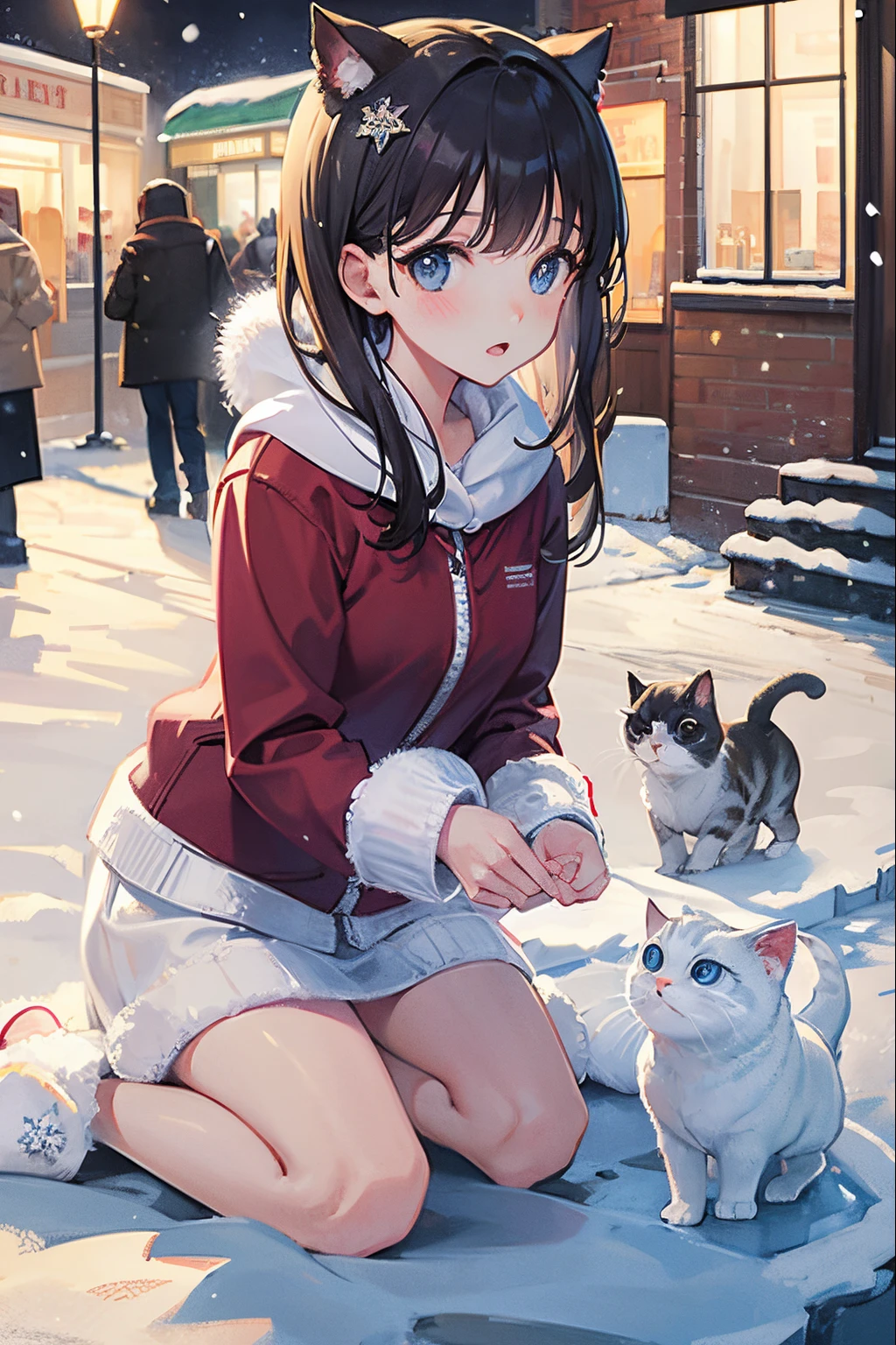 scottish fold cat, christmas, snowing, street view.