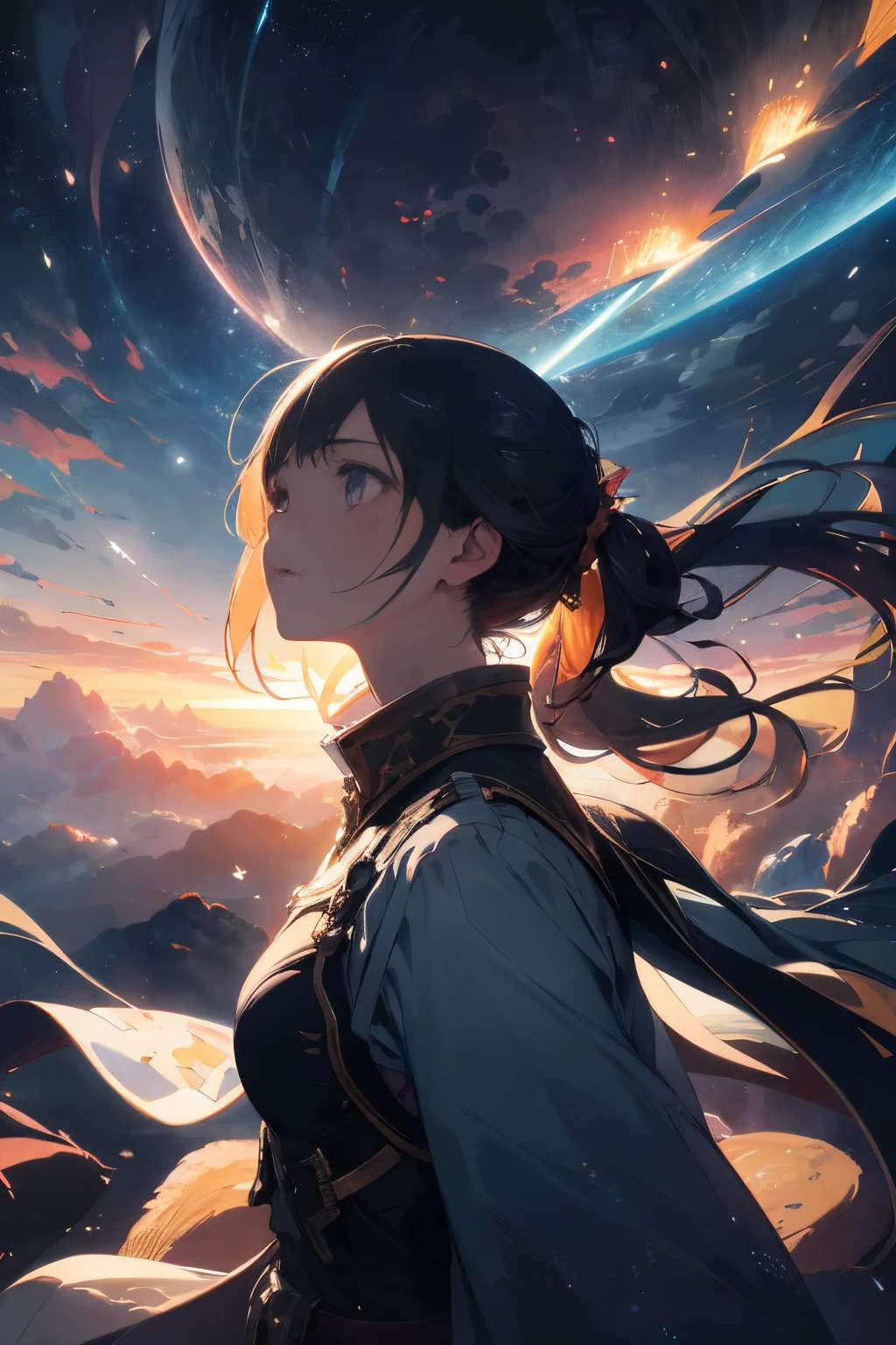 absurdres, highres, (official art, beautiful and aesthetic:1.2), close view,
shining sky, vast world, girl, gazing, awe-inspiring expression, distant horizon, clouds, high hill, natural beauty, inspiration, light effects,