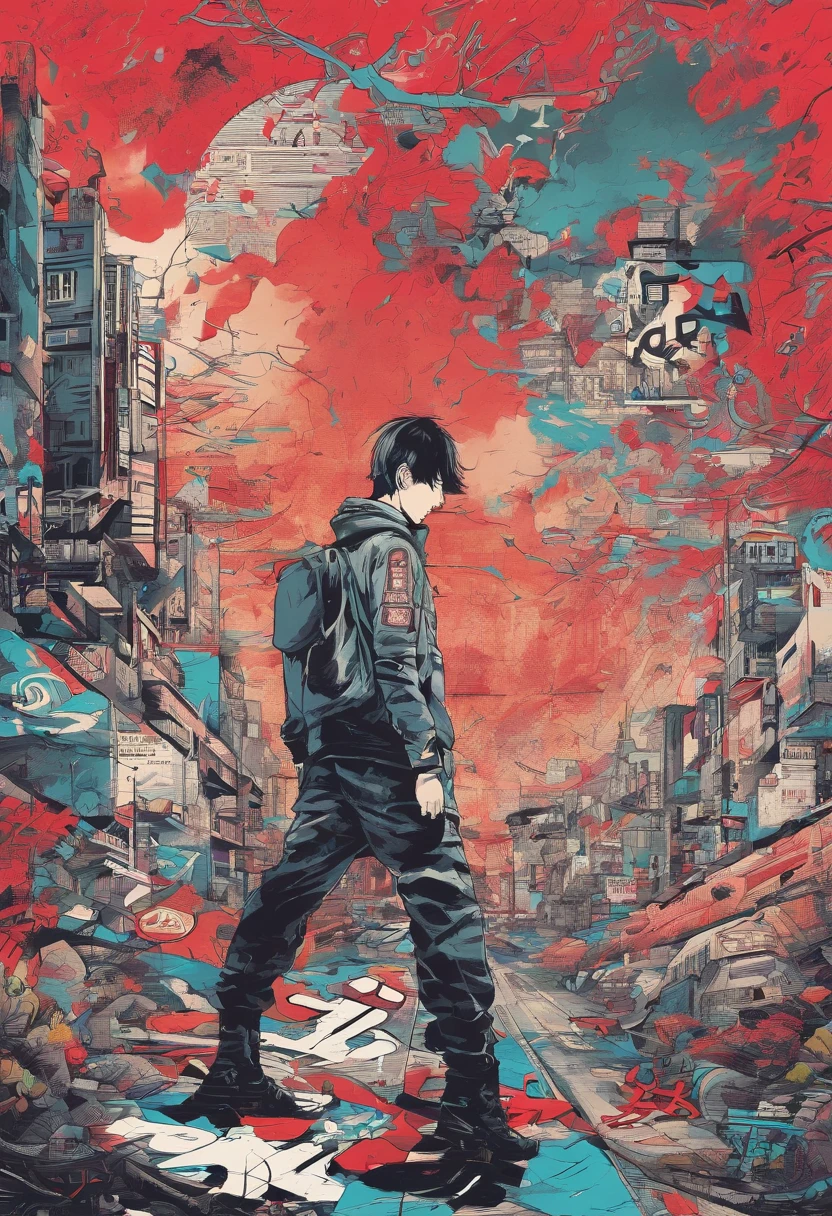 /imagine "TOMA" text title above,graffiti font, a color graded multi distance movie poster with a low suspension, 1984 red Honda aero 50 scooter, dystopian Japan, masked and hooded man fading into the distance smoking, science fiction and fantasy anime look such as initial D and The Fifth Element in the style of anime artist hideyuki yonehara comics, grainy sharp outlines and fading hatching,1970s fantasy book art, "TOMA" written in graffiti "toma"