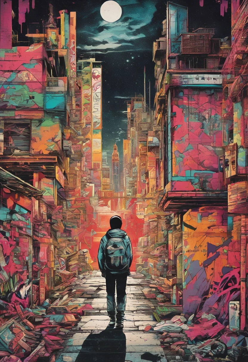 /imagine "TOMA" text title above,graffiti font, a color graded multi distance movie poster with a low suspension, 1984 red Honda aero 50 scooter, dystopian Japan, masked and hooded man fading into the distance smoking, science fiction and fantasy anime look such as initial D and The Fifth Element in the style of anime artist hideyuki yonehara comics, grainy sharp outlines and fading hatching,1970s fantasy book art, "TOMA" written in graffiti "toma"