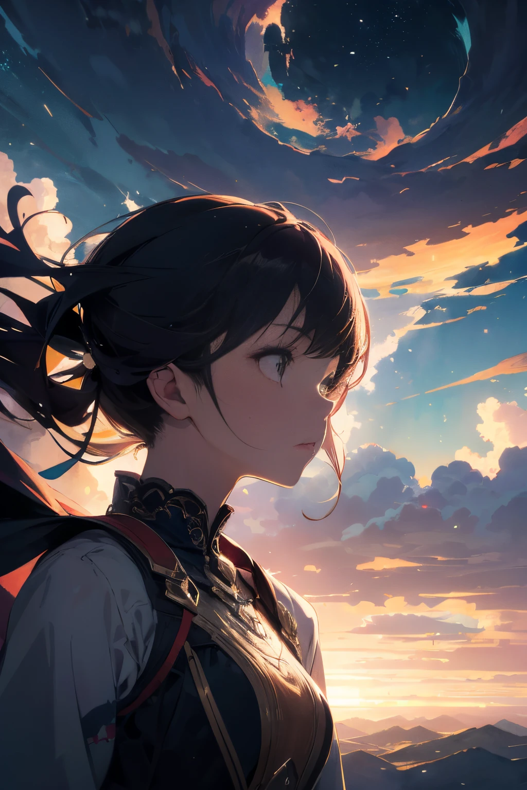 absurdres, highres, (official art, beautiful and aesthetic:1.2), close view,
shining sky, vast world, girl, gazing, awe-inspiring expression, distant horizon, clouds, high hill, natural beauty, inspiration, light effects,