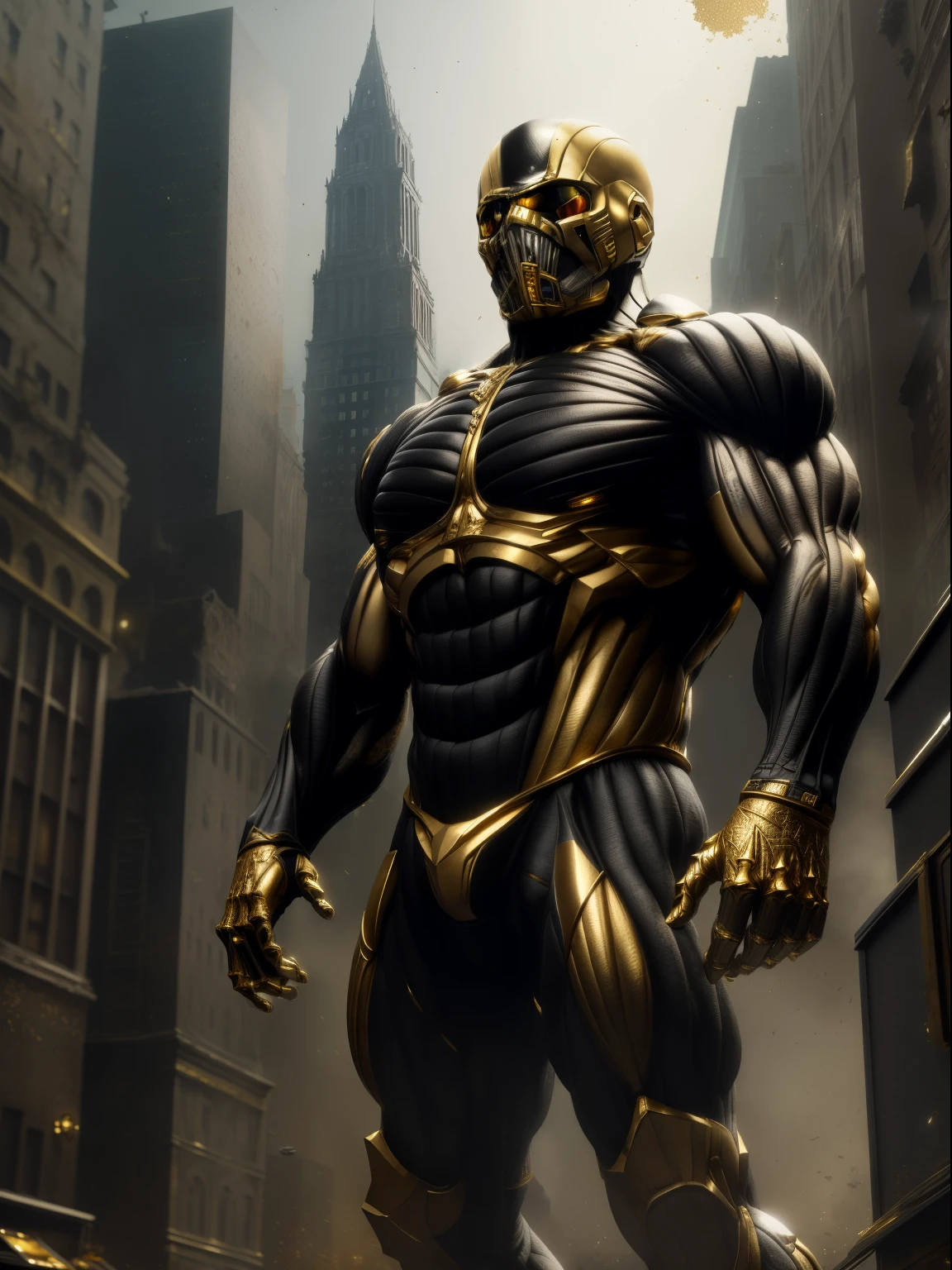 masterpiece, best quality, detailed, soft dim lighting, realistic, ruined cityscape,
(wearing crNanosuit:0.8),
Gold and Black, Gold, Goldy, Black, matte black, Gilding,