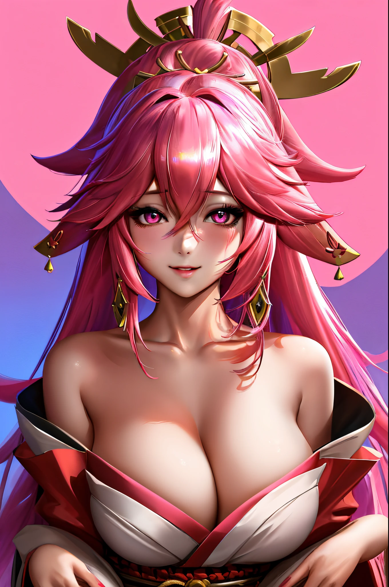 1girl, yae miko,(beautiful detailed eyes),pink hair,long hair,hair ornament,kimono,light smile,looking at viewer,pink background,portrait,cinematic lighting,off shoulder,breasts apart,parted lips,huge breasts,cleavage,(shiny skin:1.1),(mature female:1.15),(masterpiece:1.2),(best quality:1.2),