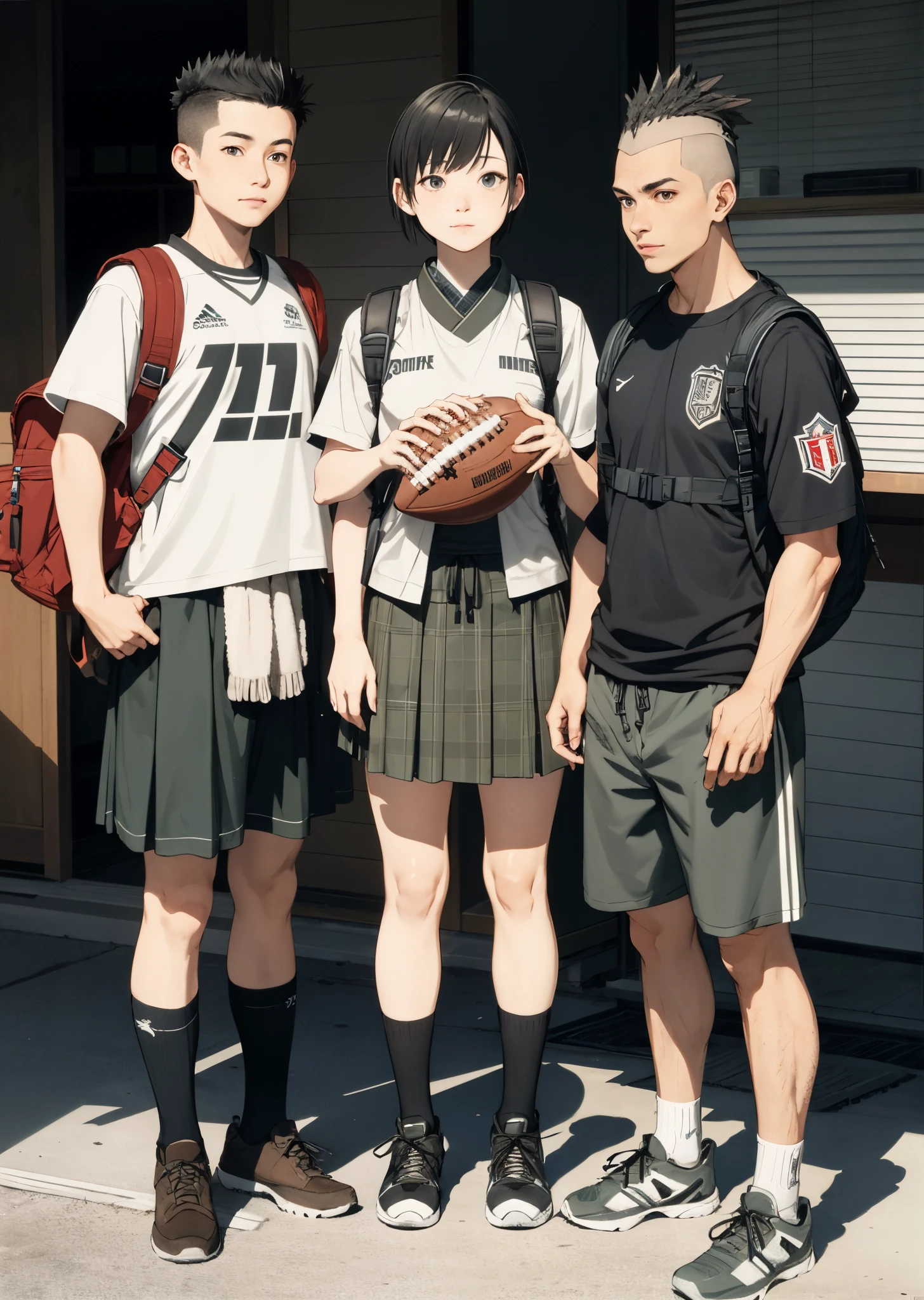 knee length kilt、Football Shirt、rucksack、Soft Mohawk、male people、japanes、50 generations
