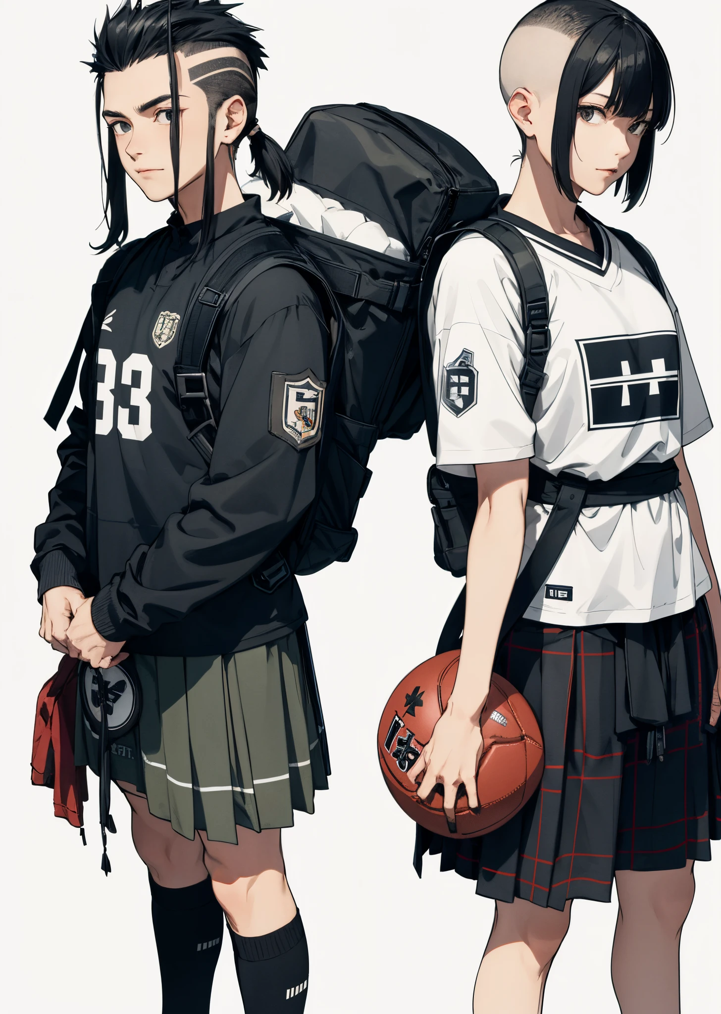 knee length kilt、Football Shirt、rucksack、Soft Mohawk、male people、japanes、50 generations