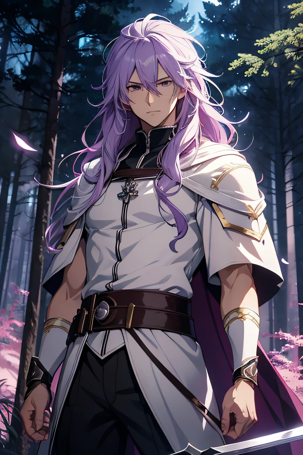 anime - thunder, forest, night, medieval fantasy, style image of a man, white leather cloth, iron sword, best anime 4k konachan wallpaper, purple hair, long hair, male anime character, official art, nagito komaeda, anime handsome man, badass anime 8 k, male anime style, tall anime guy