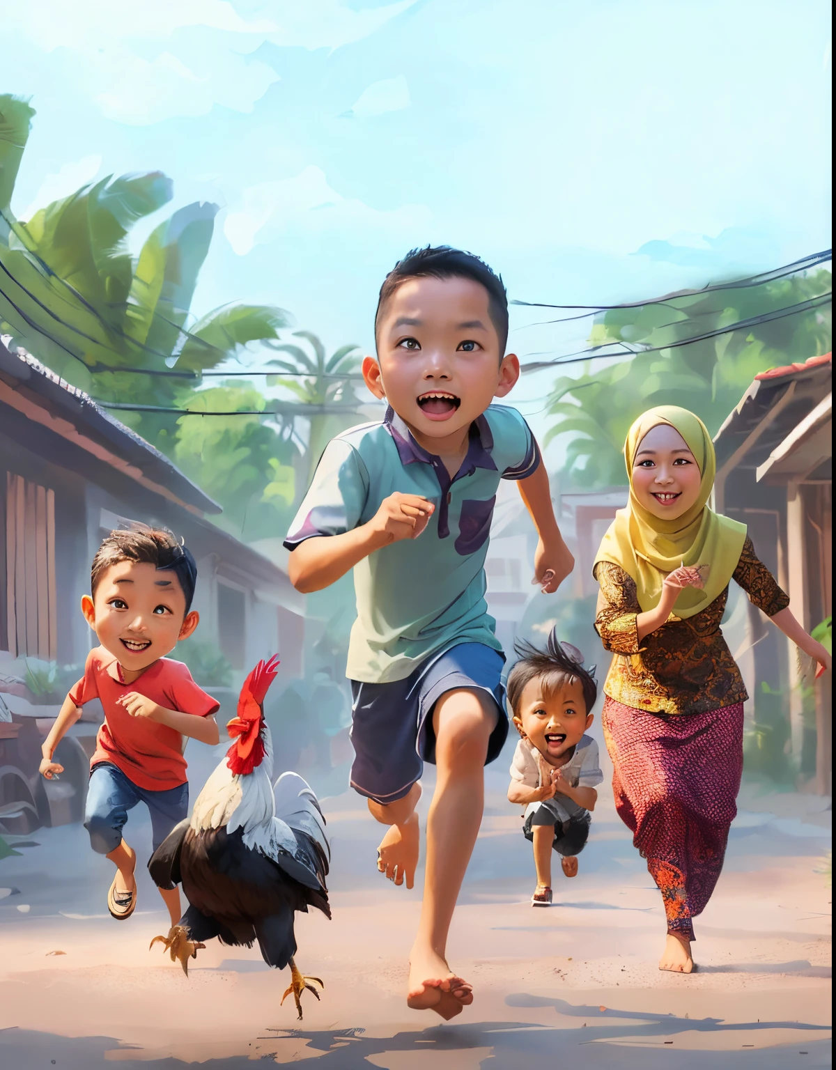 Indonesian muslim family,of a man running with a Rooster and a group of children, by Abidin Dino, an indonesian family portrait, inspired by Rudy Siswanto, realism artstyle, cartoon digital painting, caricature illustration, realistic cartoon, cartoon artstyle, cartoon digital art, in cartoon style, digital art cartoon, local people chasing to attack, cartoon art, happy family