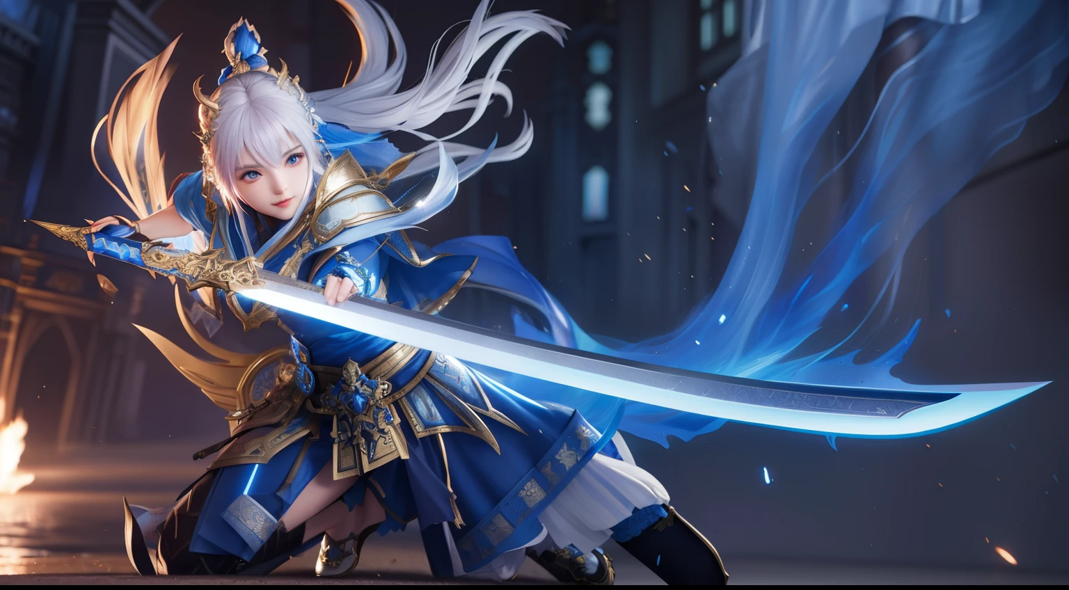 girl with sword in city setting with blue flames, , extremely detailed artgerm, , ig model | artgerm, by Yang J, official splash art, iconic character splash art, artgerm and ruan jia, splashart, splash art