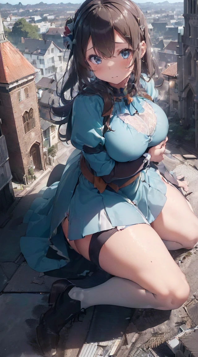 ((((((Reaching Out 1.3)))))),(((((A city in ruins at your feet))))),((((Kneeling)))),Fantastic,long legged,(((A Princess))),(((((Full body depiction))))),((((Randomly sexy poses)))),((((Beautiful soles))))、((((Five fingers on a beautiful sole)))),Big Chest Ribbon,((Teary-eyed)),((((((Colossal tits)))))),((embarrassed from)),Blushing,(((((((Big girl sitting on the roof of the church beyond the tower))))))),((((lowfers)))),the Extremely Detailed CG Unity 8K Wallpapers,top-quality,ultra-detailliert,masterpiece,realisitic,Photo Real,Bright lighting,extremely detailed cute girl,18year old,Innocent big eyes,A detailed eye,(Silvery hair),(shorth hair),(bangss),flawless skin,shinny skin,fair white skin,Fine skin,((((large full breasts)))),((((((plump thighs)))))),((perfect anatomia,nice hand,perfect hand,Five fingers connected to the palm of the hand,accurate hands without incongruity)),Show off panties、pantyshot、(((Super Huge Girl Cute Princess Dress Costume、white colors)))、(((knee high socks))),front facing,(fumo),(fires),(((Rubble Town)))、Ground cracking,